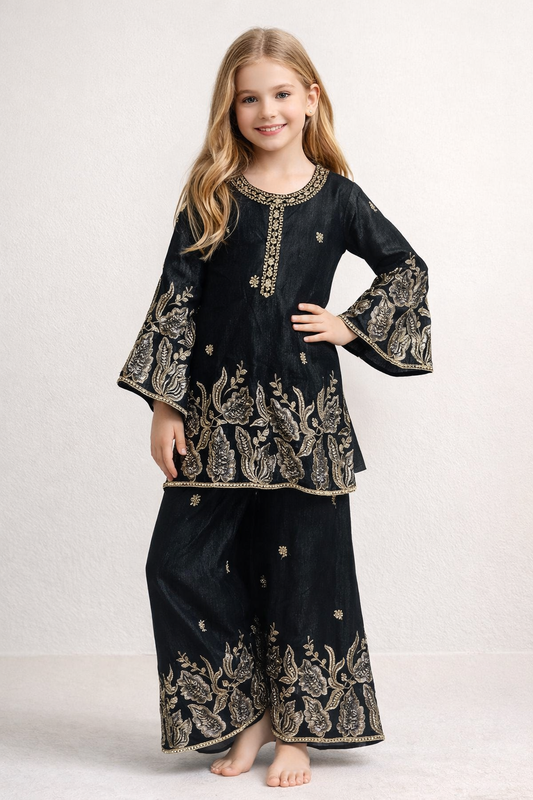 Georgette Bids Work Kurti Plazo Set 1628 Black