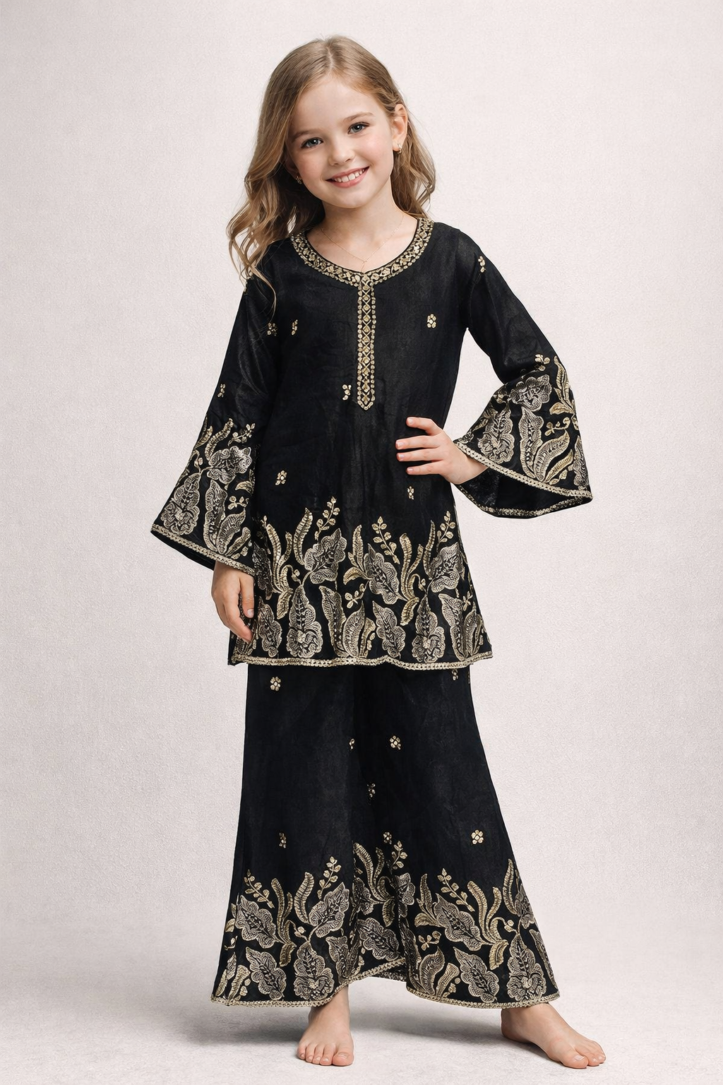 Georgette Bids Work Kurti Plazo Set 1628 Black