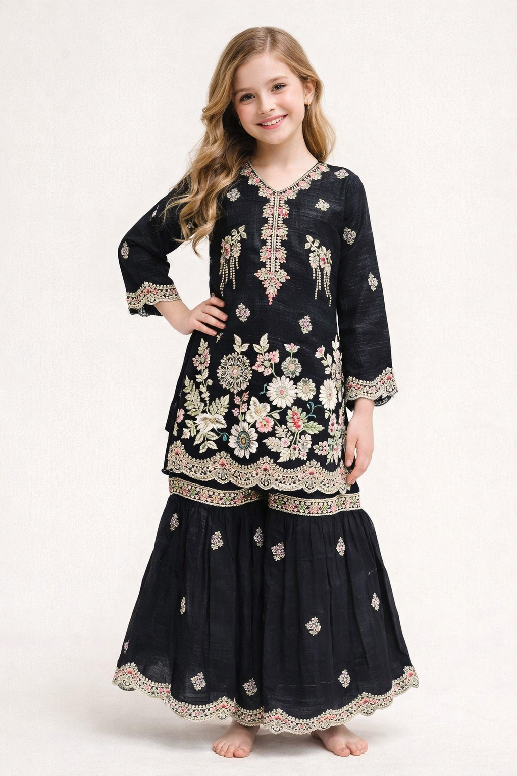 Georgette Embroidery Hand Work Gharara Set 5502 Black