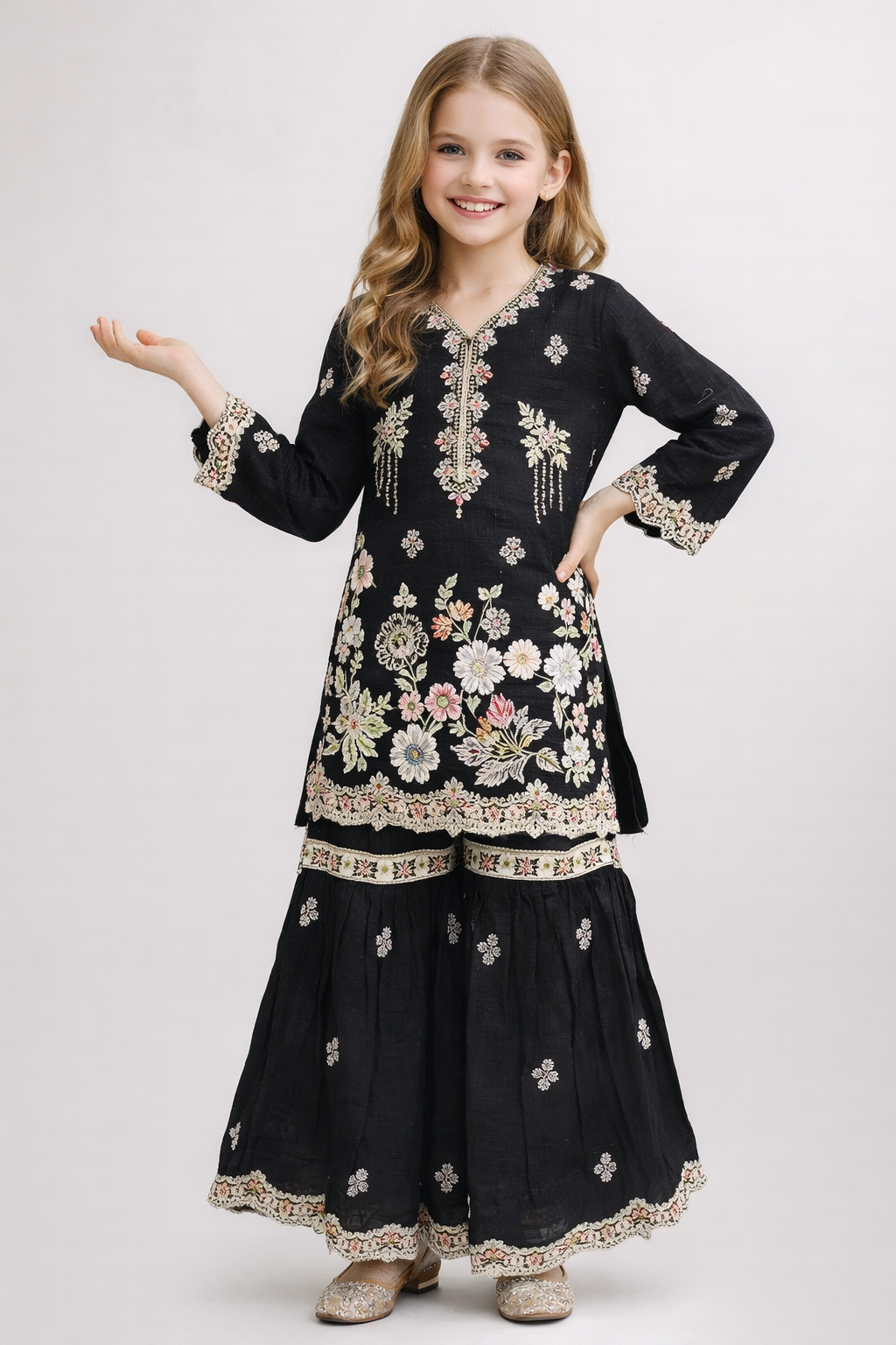 Georgette Embroidery Hand Work Gharara Set 5502 Black