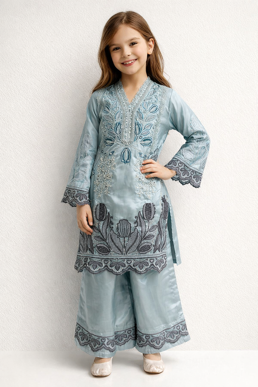 Satin Embroidery Plazo Set 1411 Blue