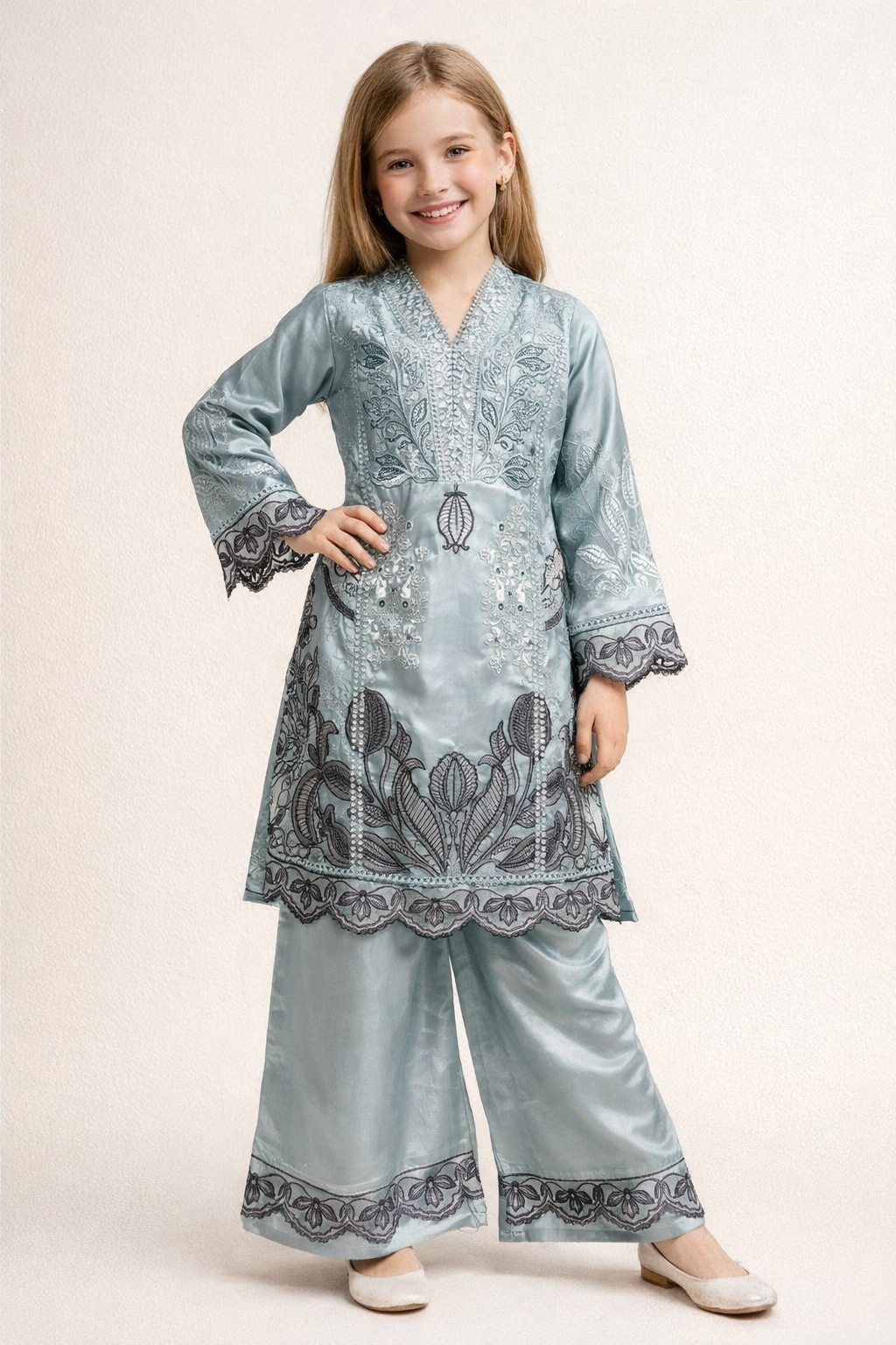 Satin Embroidery Plazo Set 1411 Blue