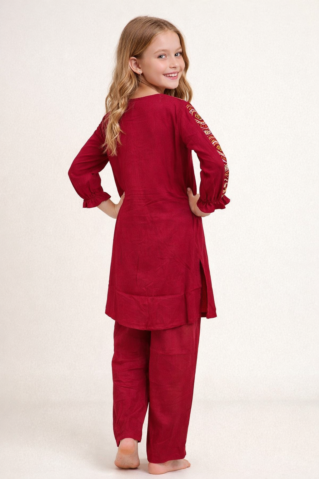 Cotton Embroidery Kurti Set 1371 Maroon