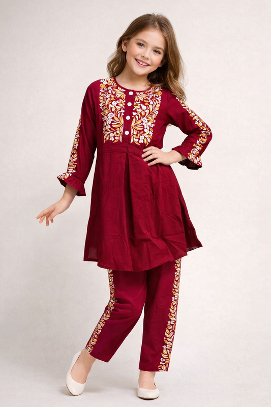 Cotton Embroidery Kurti Set 1371 Maroon