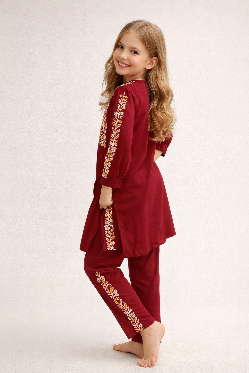 Cotton Embroidery Kurti Set 1371 Maroon