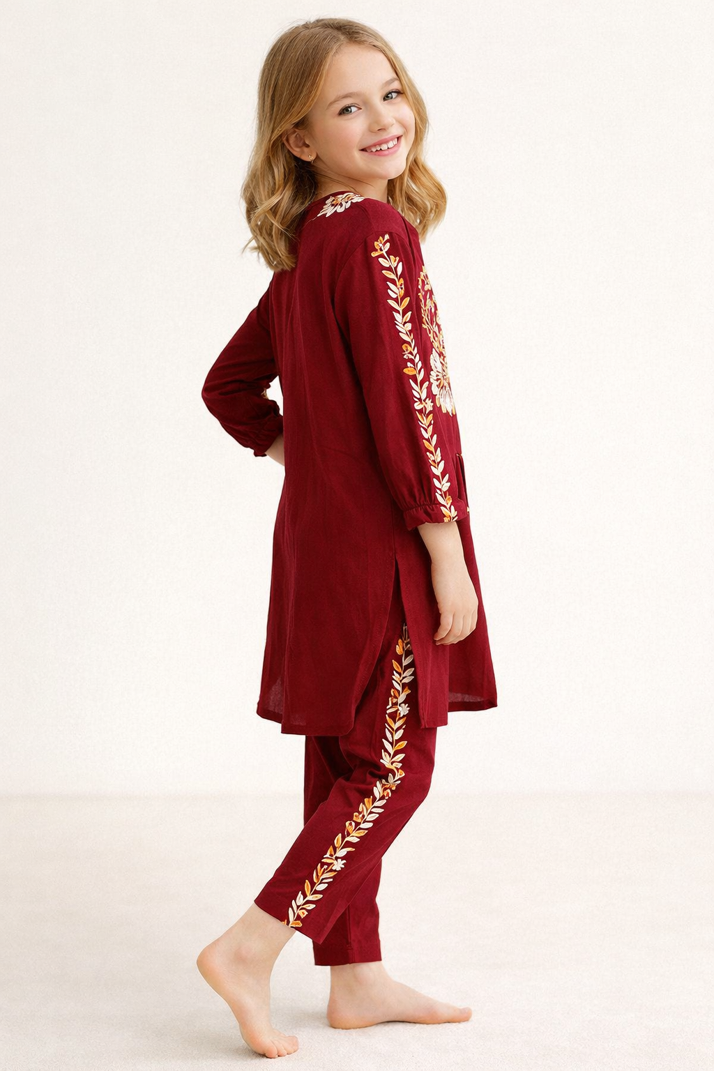 Cotton Embroidery Kurti Set 1371 Maroon