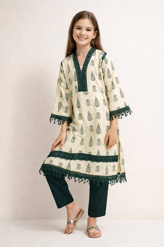 Cotton Printed Kurti Set 1372 Cream