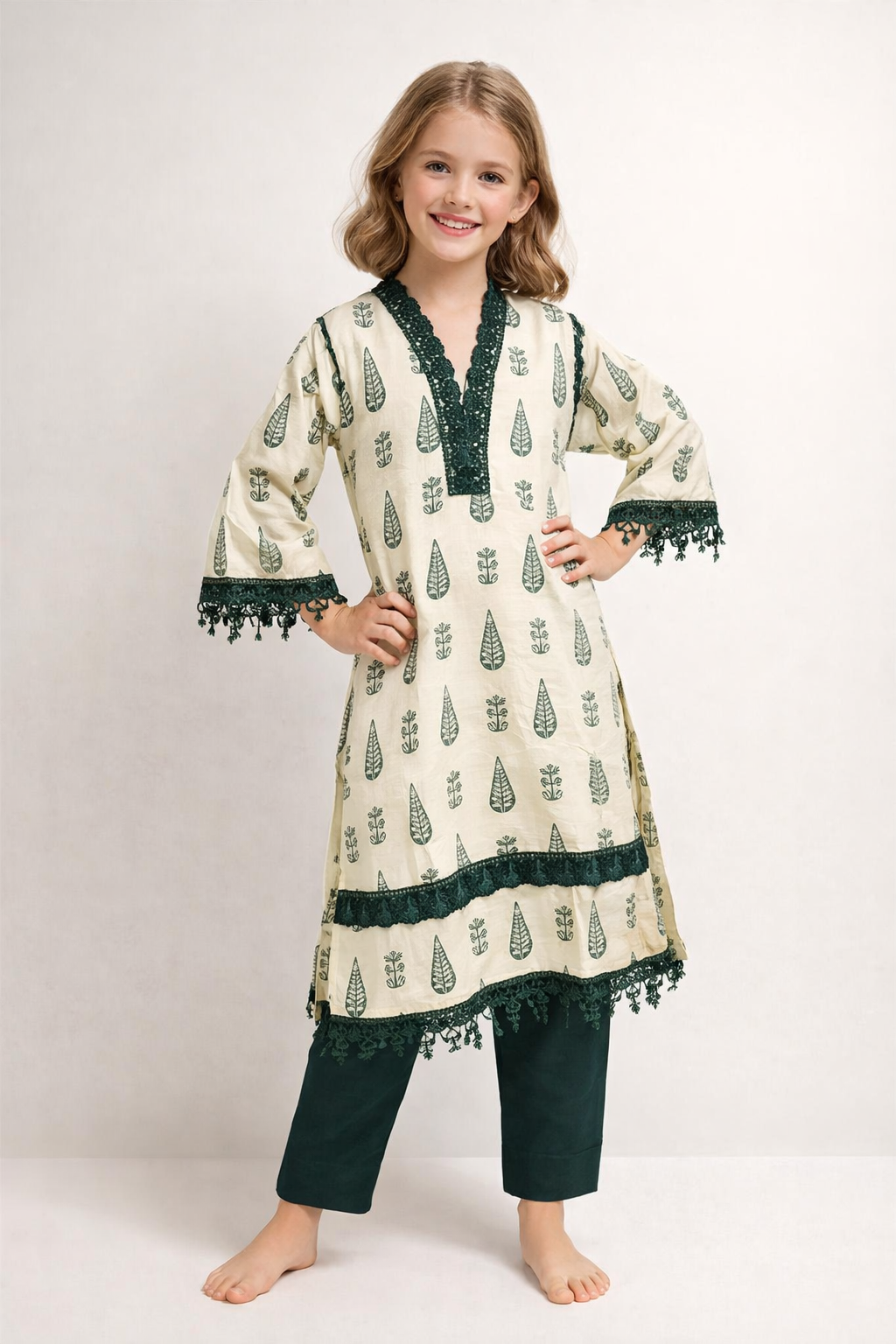 Cotton Printed Kurti Set 1372 Cream