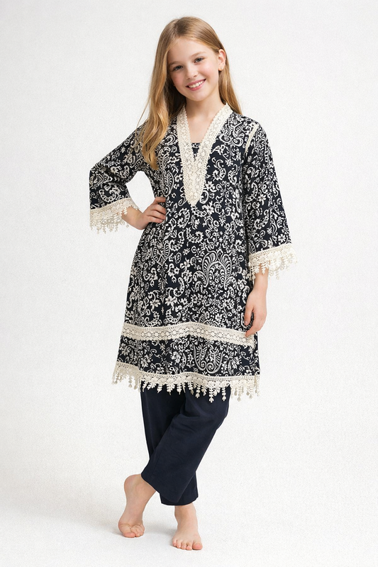 Cotton Printed Kurti Set 1373 Black