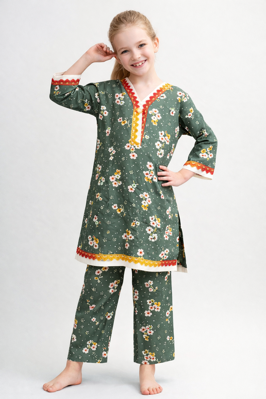 Cotton Printed Kurti Set 1378 Green