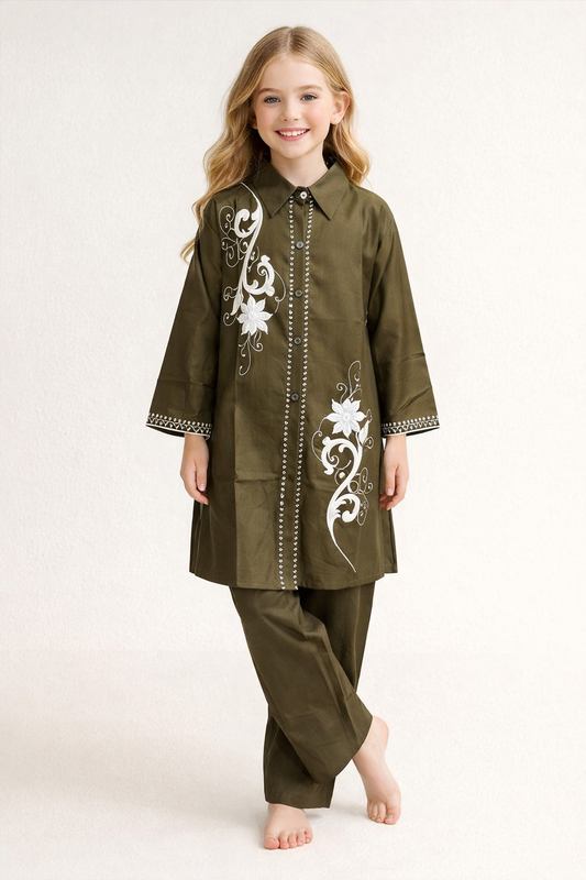 Cotton Embroidery Kurti Set 1377 Green