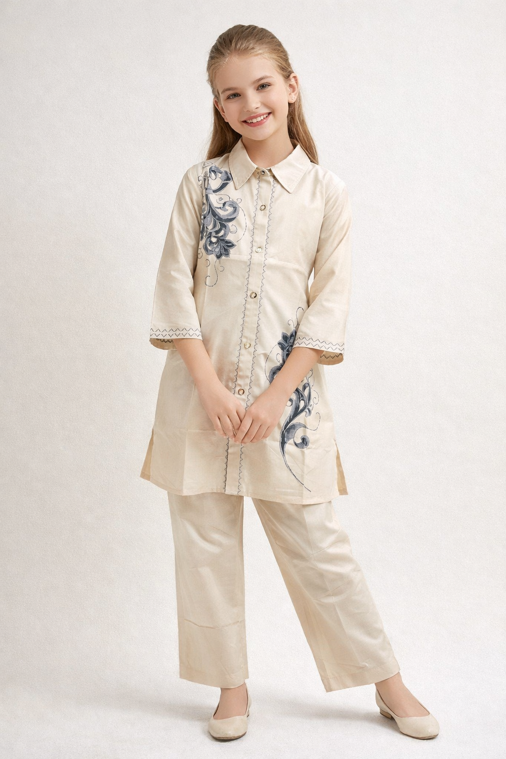 Cotton Embroidery Kurti Set 1380 Cream