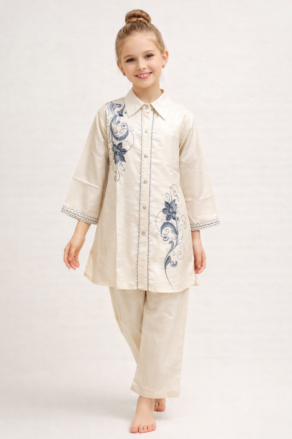 Cotton Embroidery Kurti Set 1380 Cream