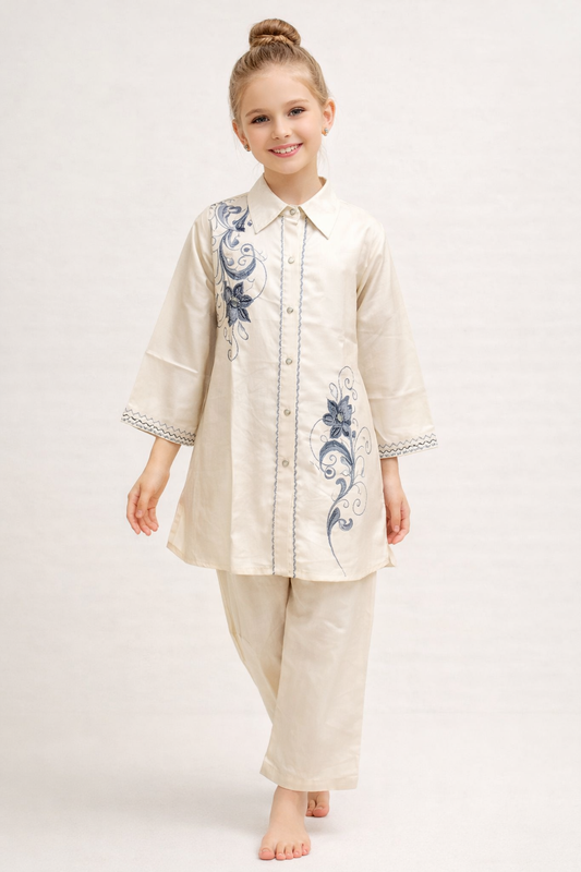 Cotton Embroidery Kurti Set 1380 Cream