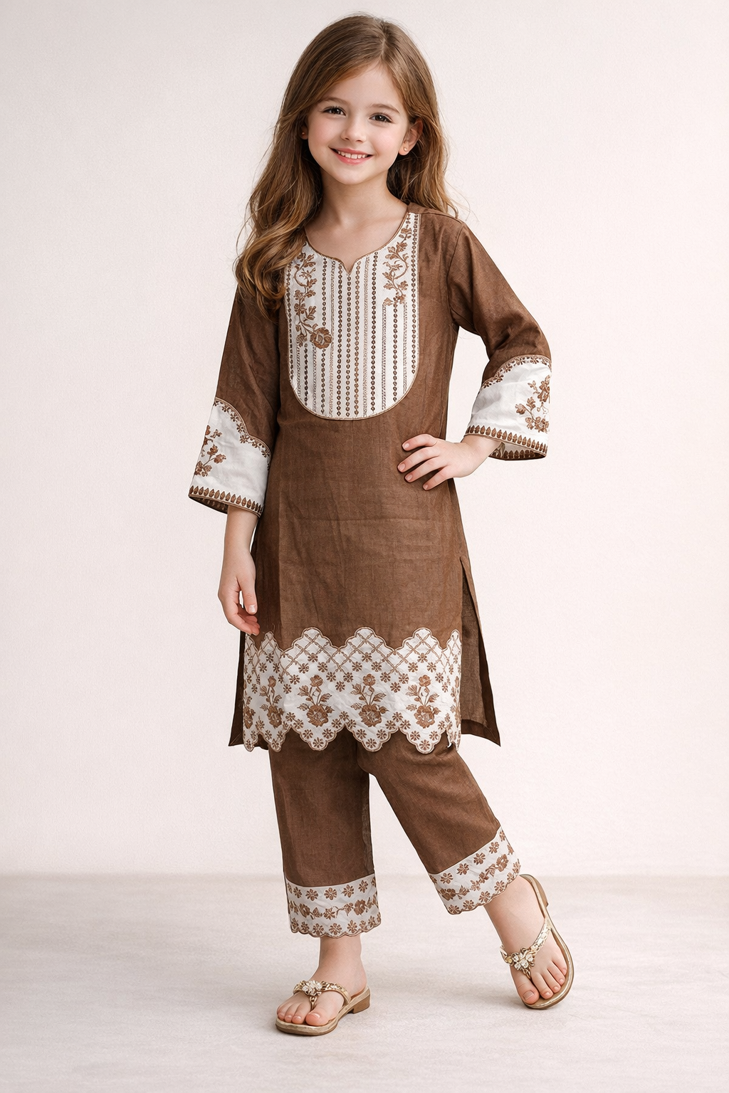 Cotton Embroidery Kurti Set 1387 Brown