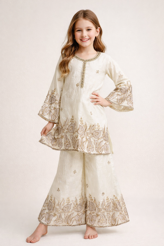 Georgette Bids Work  Plazo Set 1628 Cream