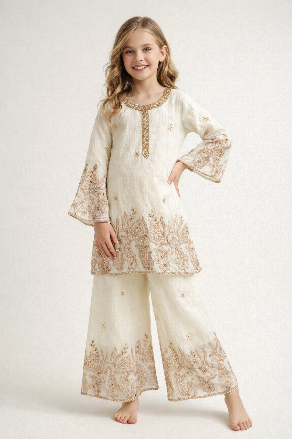Georgette Bids Work  Plazo Set 1628 Cream