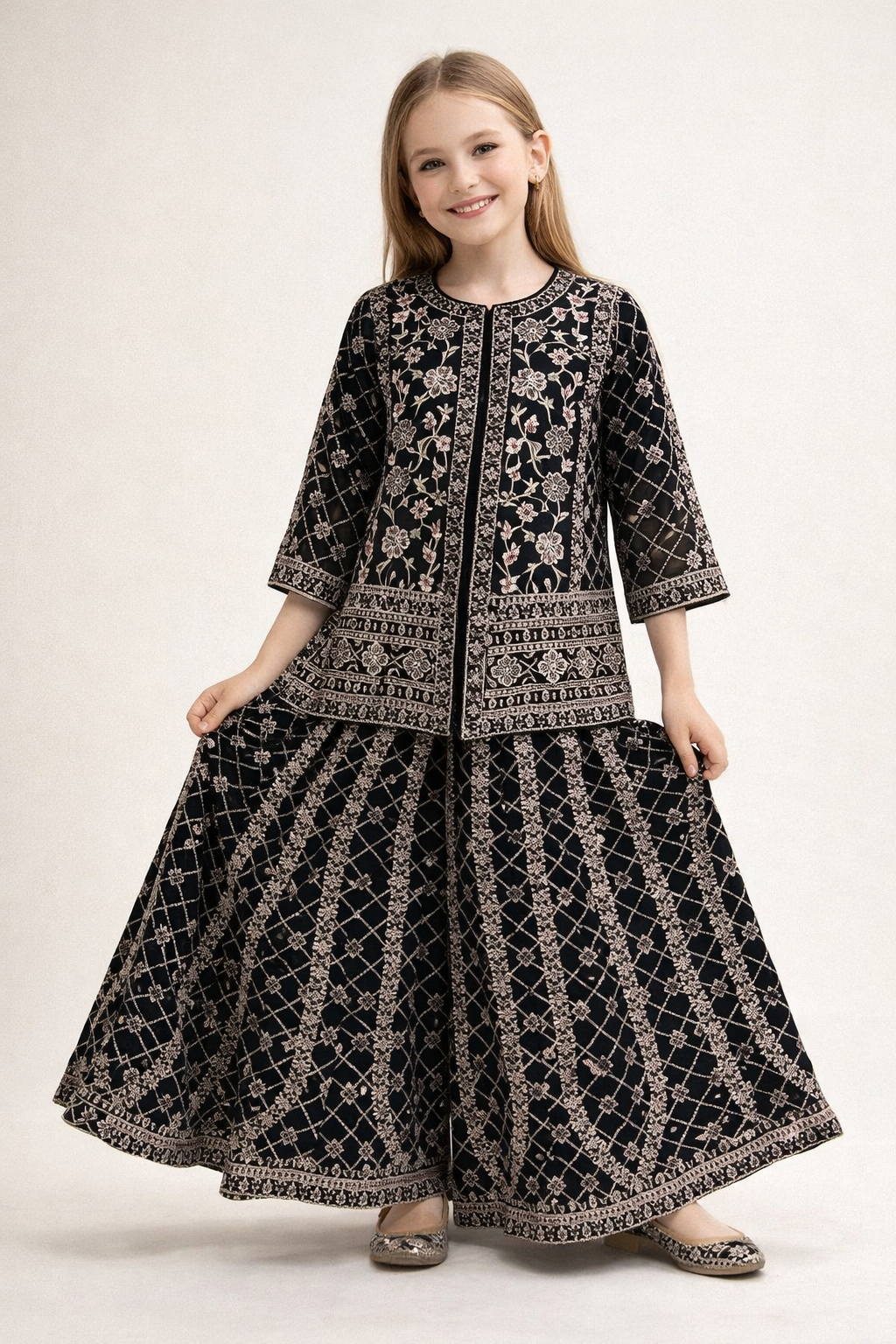Georgette Short Kurti Plazo Set 4590 Black