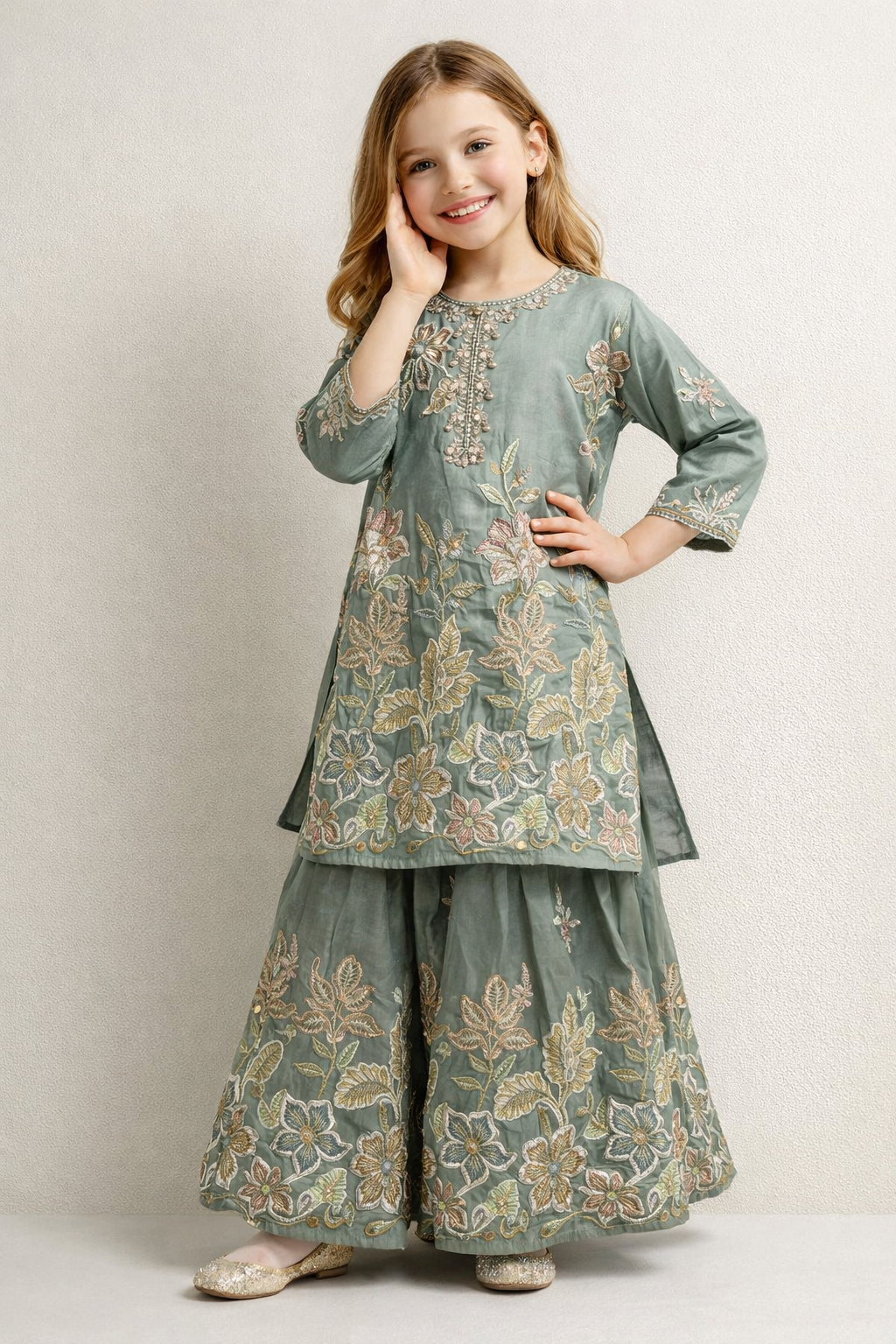 Georgette Bids Work Gharara Set 4780 Green