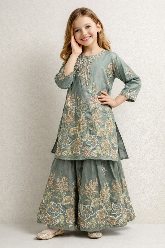 Georgette Bids Work Gharara Set 4780 Green