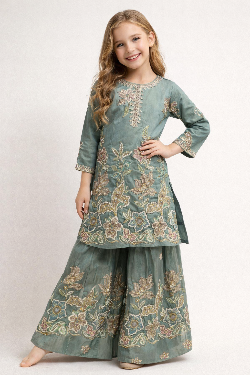 Georgette Bids Work Gharara Set 4780 Green