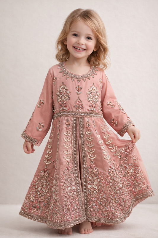 Georgette Hand Work Front Cut Plazo Set 4383 Peach