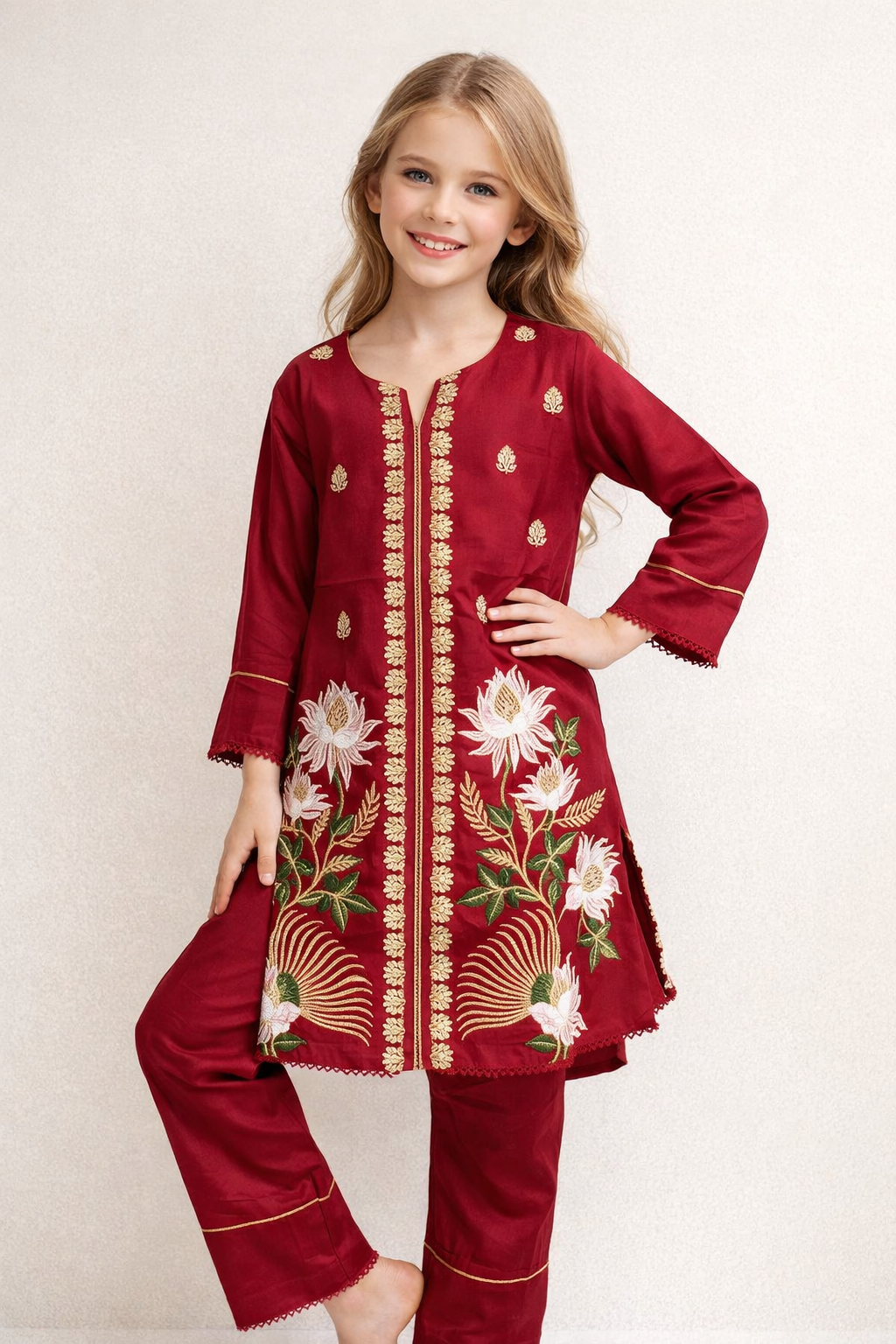 Cotton Embroidery Kurti Set 1397 Red