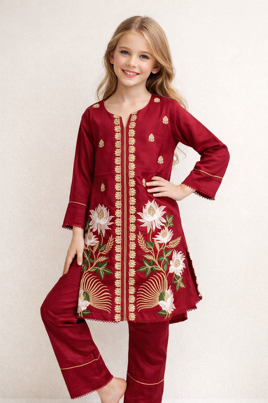 Cotton Embroidery Kurti Set 1397 Red