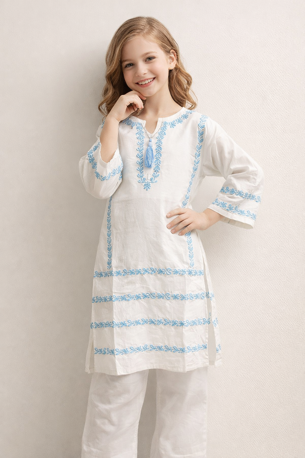 Cotton Embroidery Kurti Set 1400 White