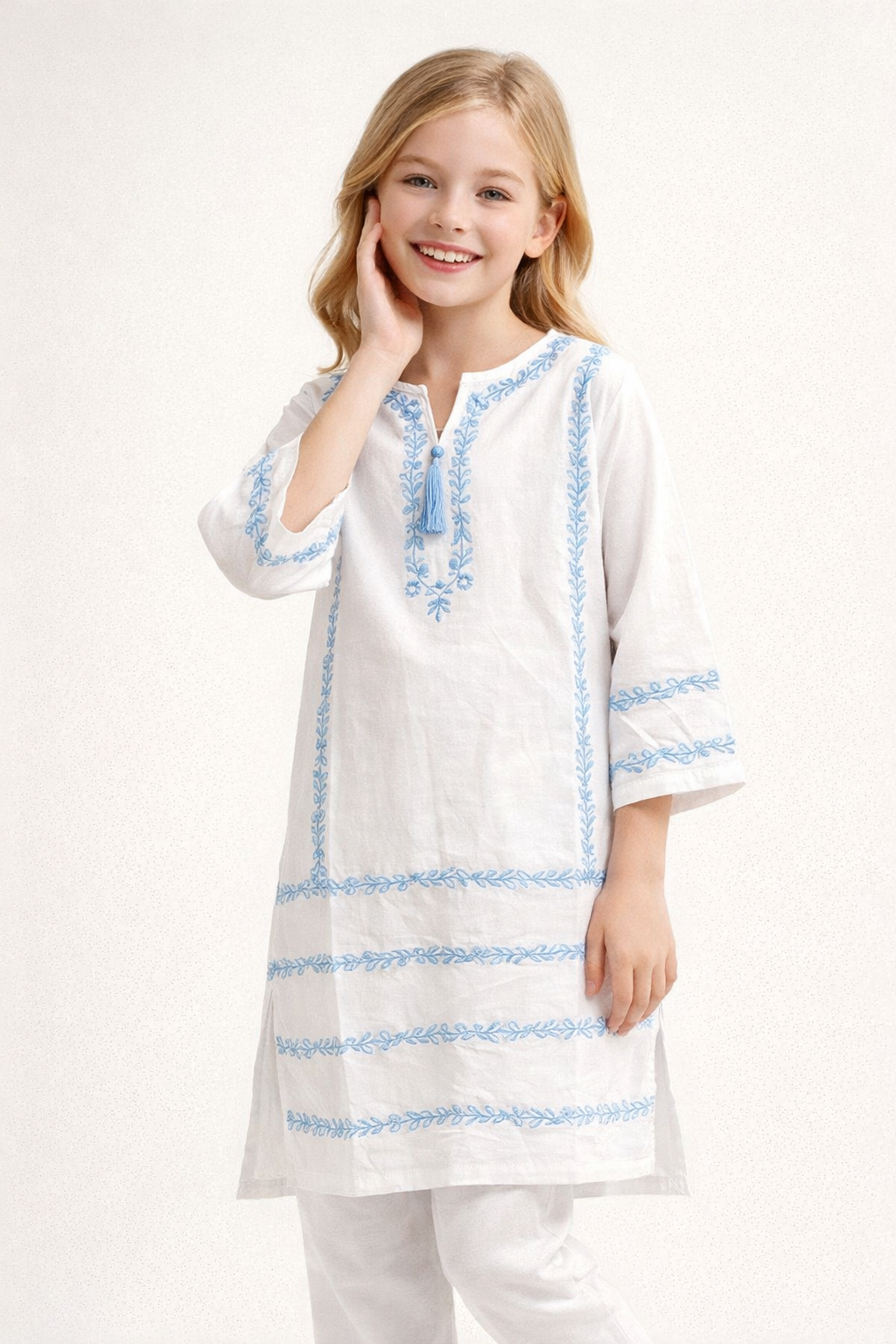 Cotton Embroidery Kurti Set 1400 White