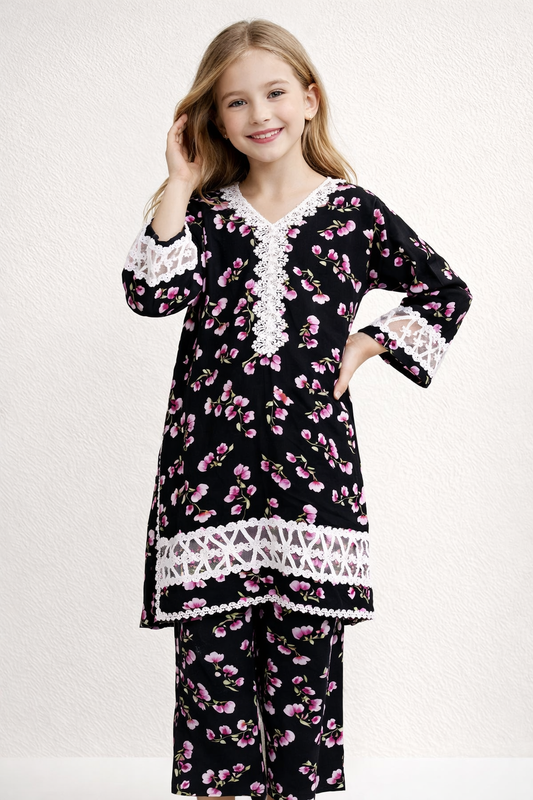 Cotton Printed Lace Work Kurti Set 1409 Black
