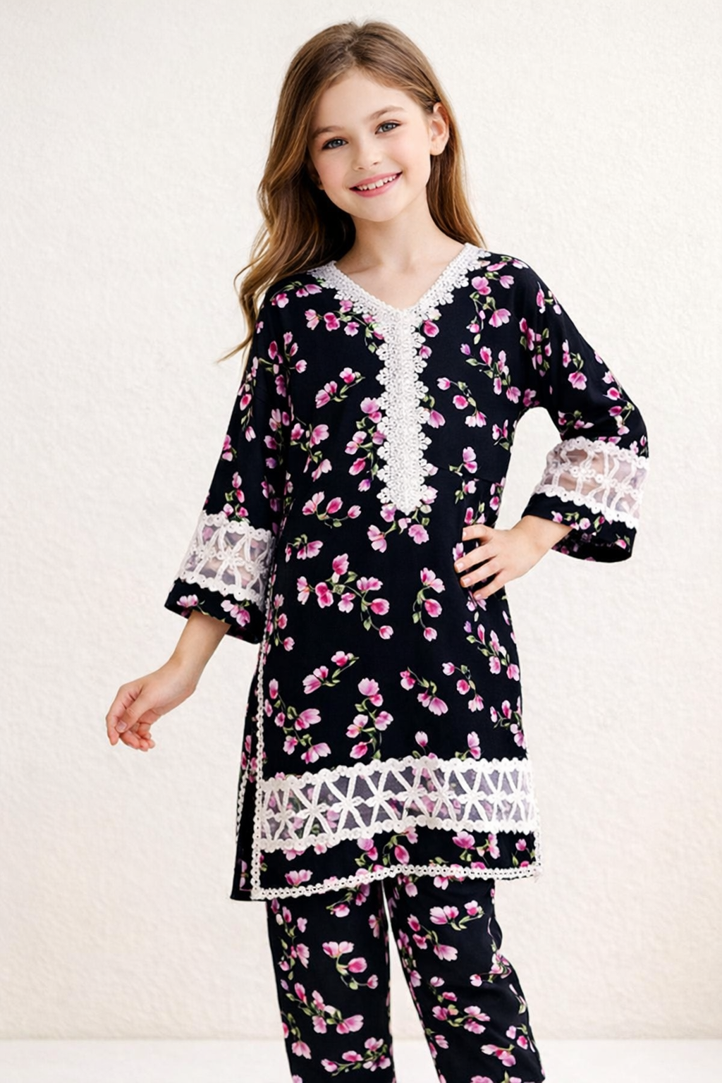 Cotton Printed Lace Work Kurti Set 1409 Black