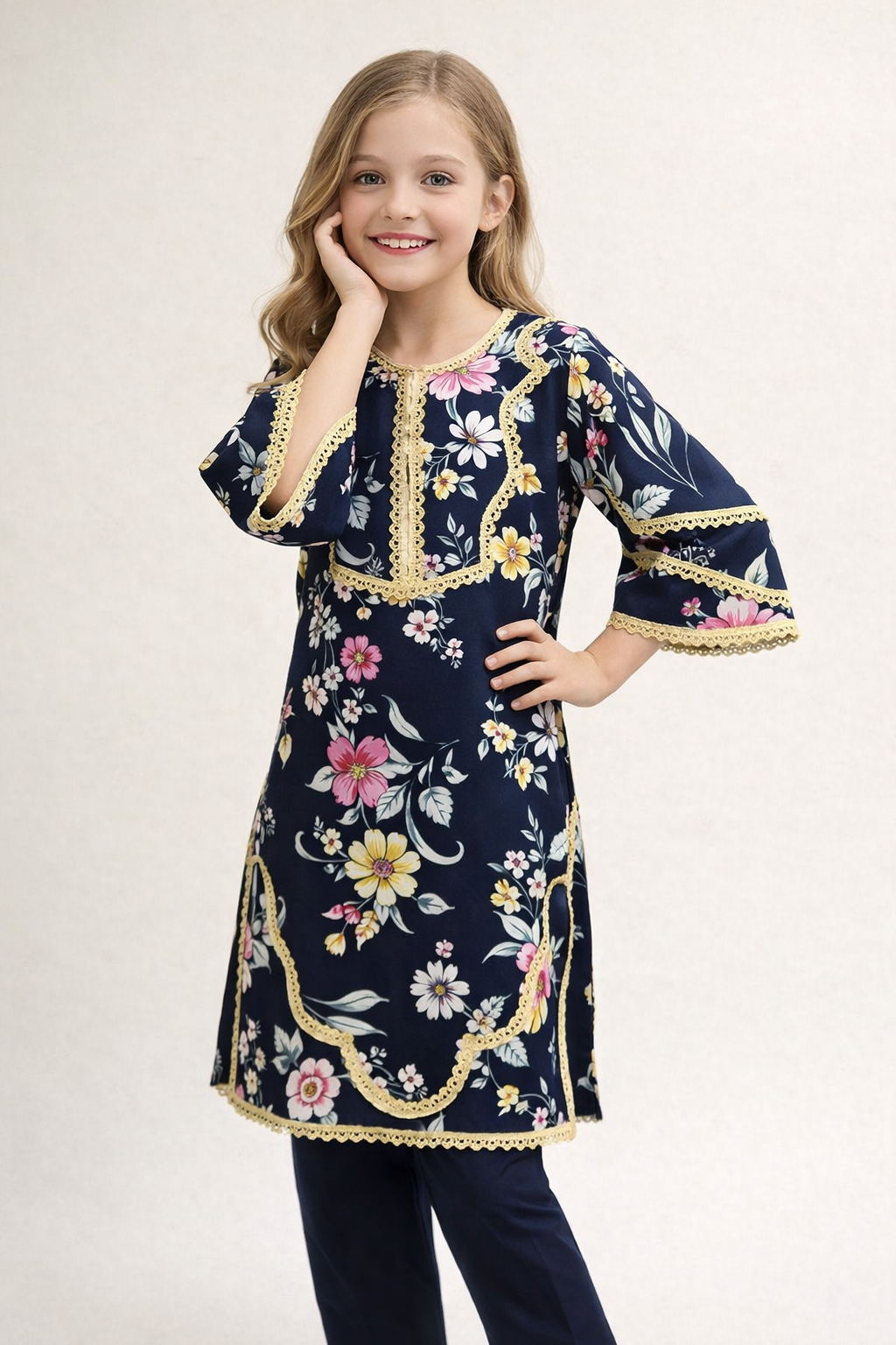 Cotton embroidery Kurti Set 1411 Navy Blue