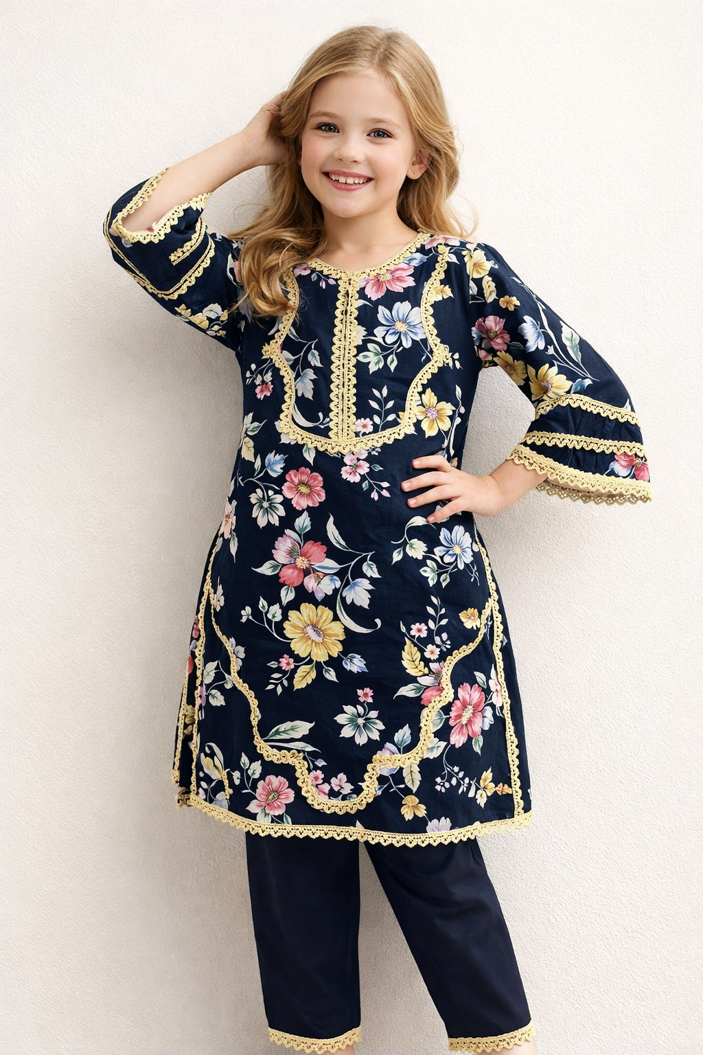 Cotton embroidery Kurti Set 1411 Navy Blue