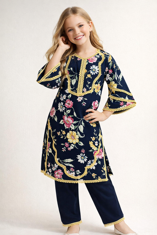 Cotton embroidery Kurti Set 1411 Navy Blue