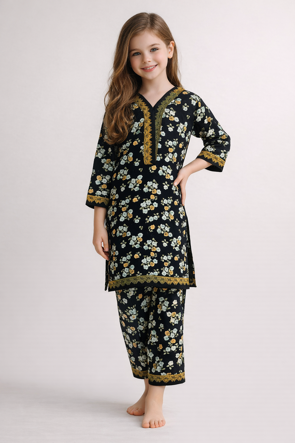 Cotton Printed Kurti Set 1414 Navy Blue