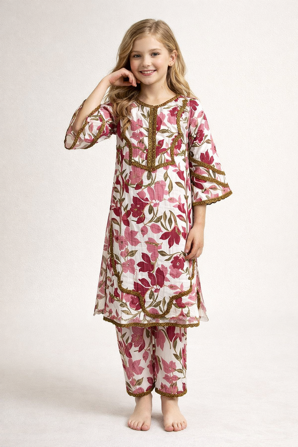 Cotton Embroidery Kurti Set 1416 White