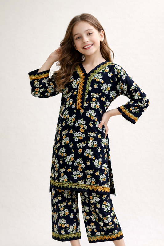 Cotton Printed Kurti Set 1414 Navy Blue