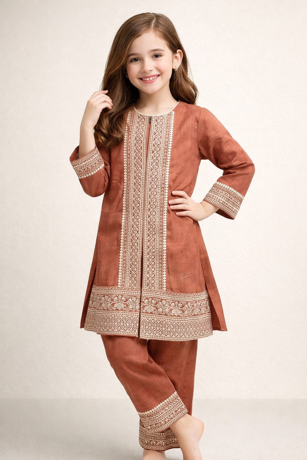 Cotton Embroidery Frock Set 1421 Rust
