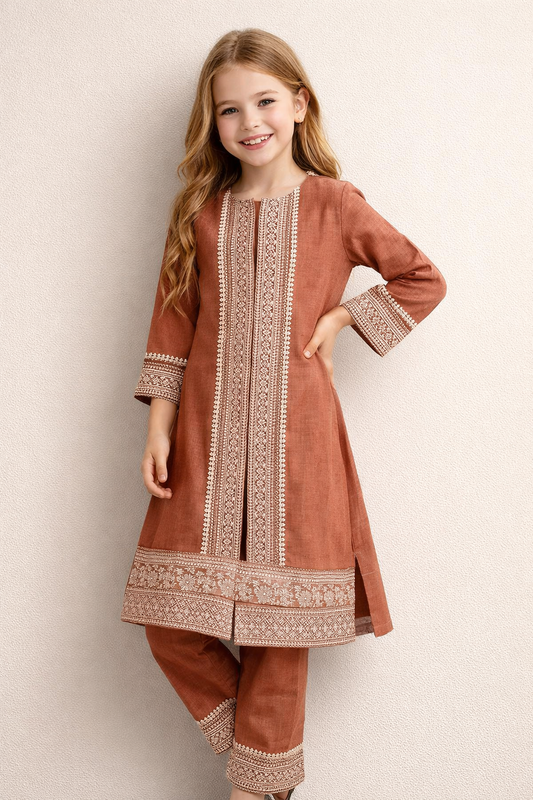 Cotton Embroidery Frock Set 1421 Rust