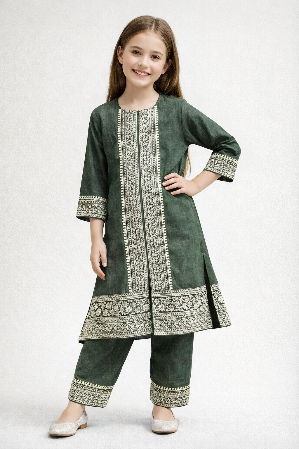 Cotton Embroidery Frock Set 1422 Green