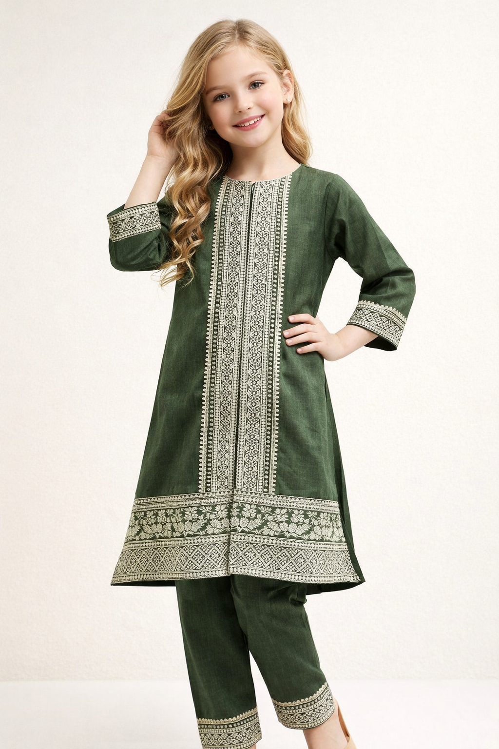 Cotton Embroidery Frock Set 1422 Green