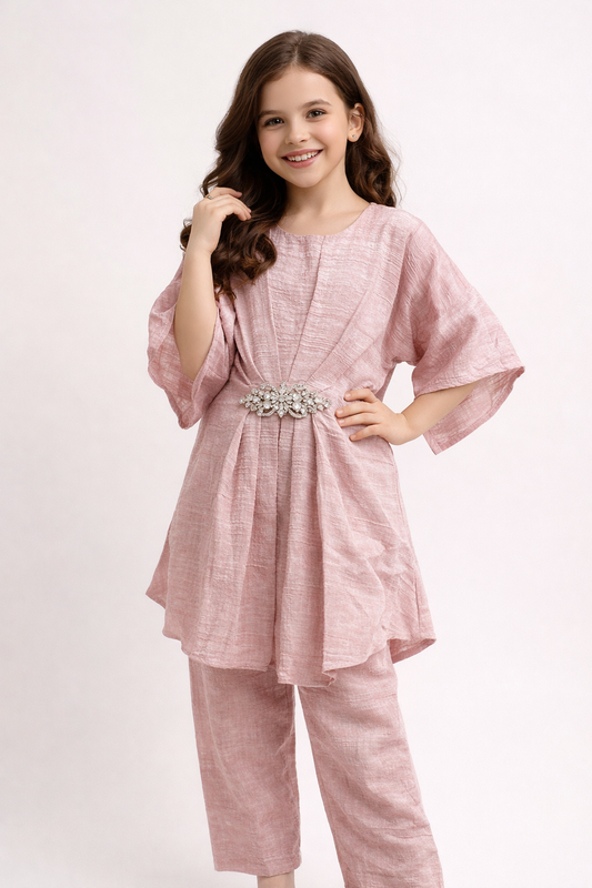 Cotton Solid Kaftan Set 1423 Pink