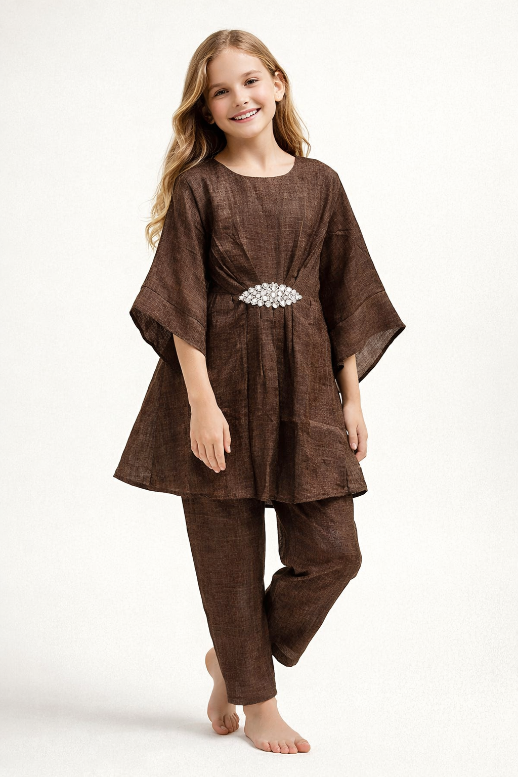 Cotton Solid Kaftan Set 1424 Brown