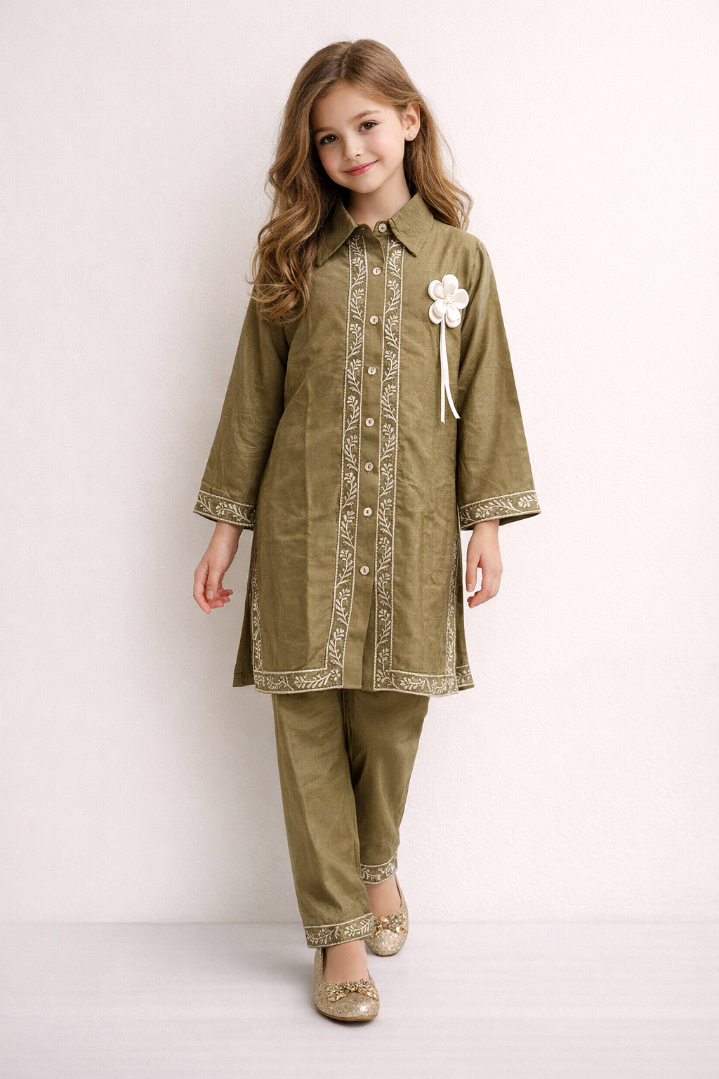 Cotton Embroidery Kurti Set 1426 Brown