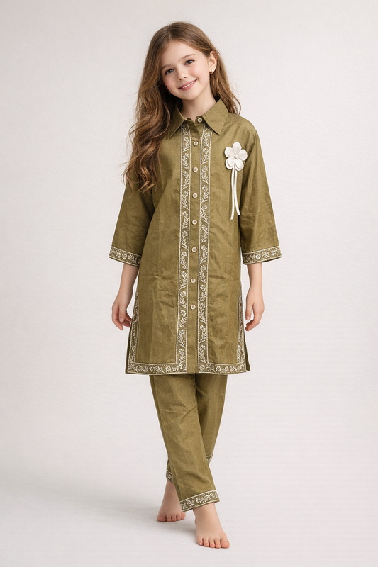 Cotton Embroidery Kurti Set 1426 Brown