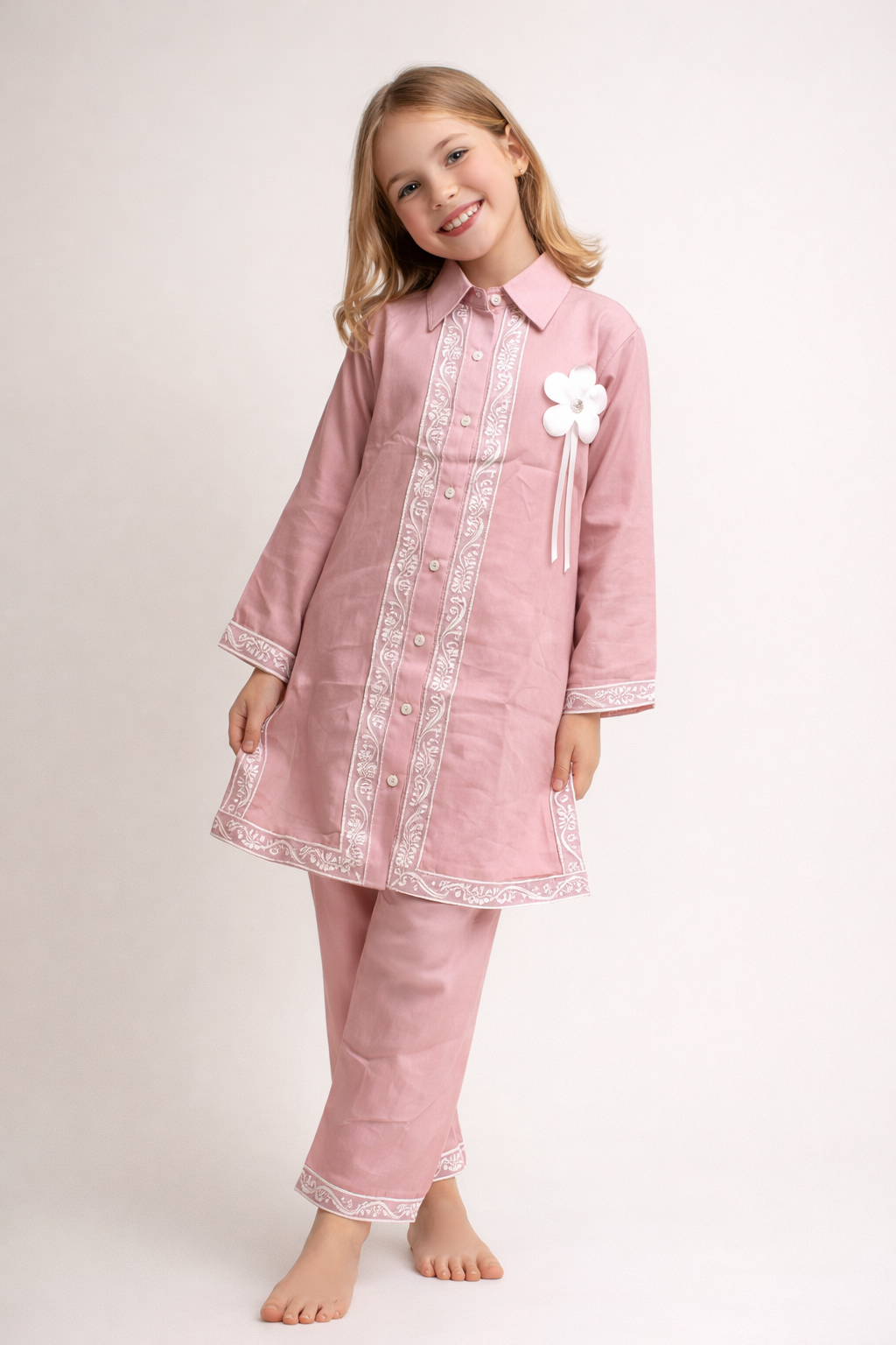 Cotton Embroidery Kurti Set 1427 Pink