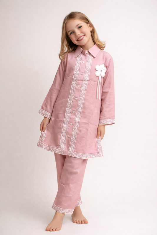 Cotton Embroidery Kurti Set 1427 Pink