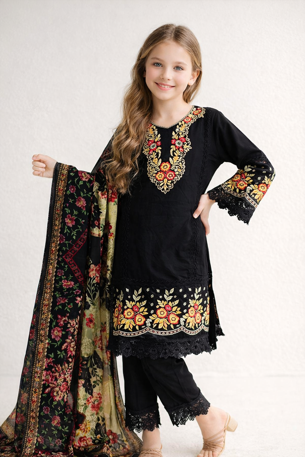Cotton Embroidery Kurti Set 1429 Black