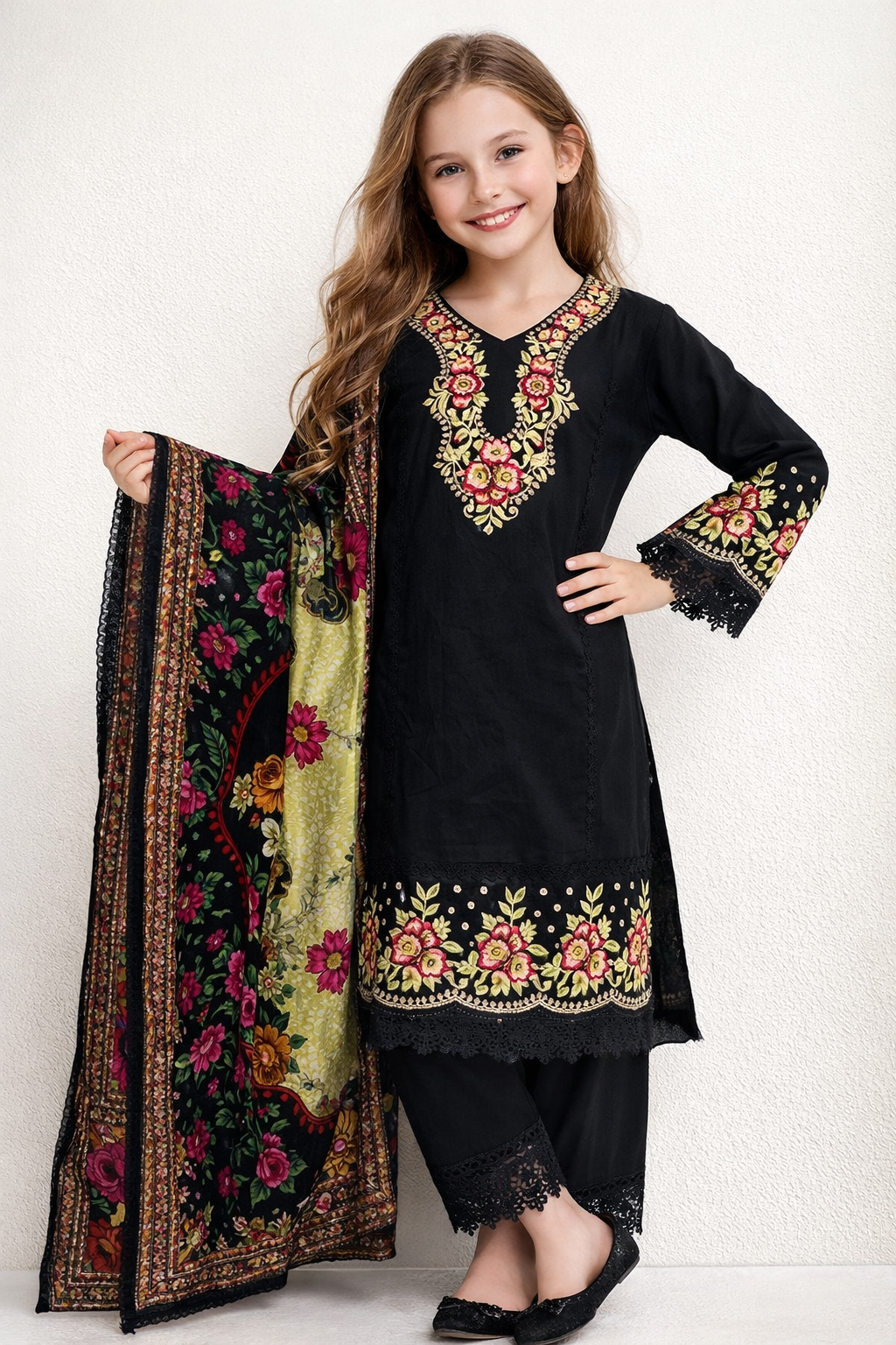 Cotton Embroidery Kurti Set 1429 Black